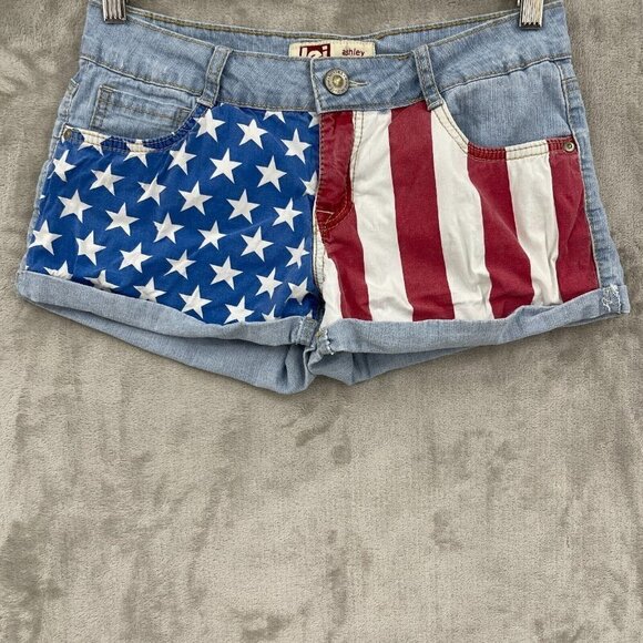 lei Pants - L.e.i. US American Flag Print Low Rise Denim Cuffed Shorts Retro Y2K